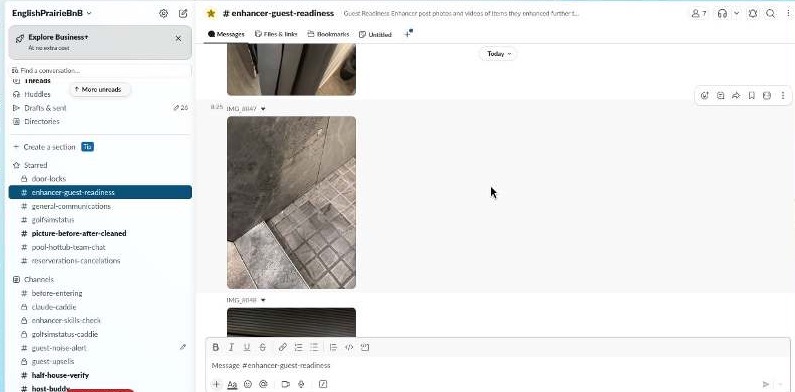 The #enhancer-guest-readiness Slack channel at EnglishPrairieBnB, full of photo posts during a real turnover